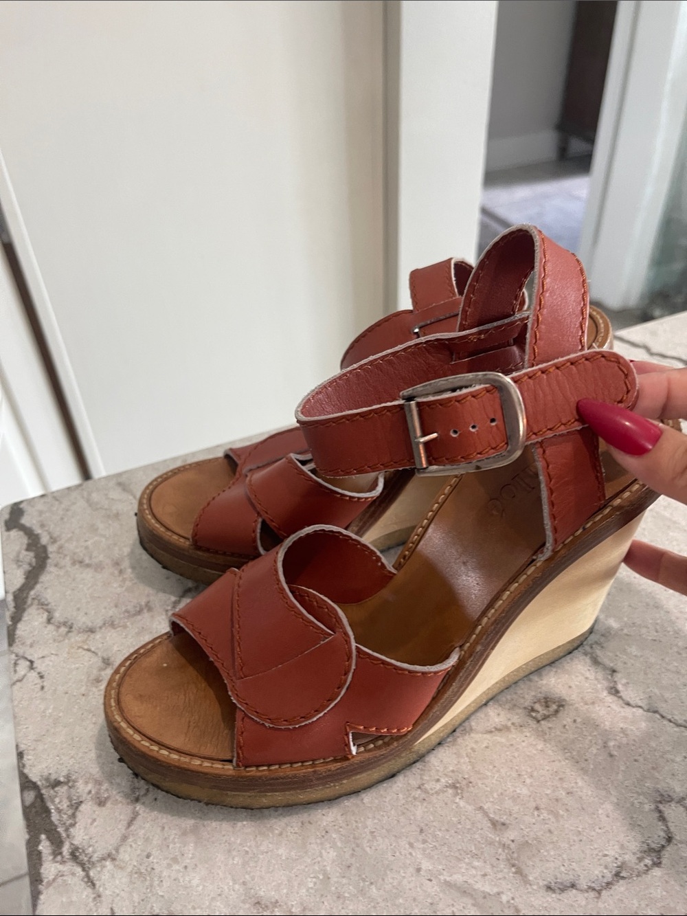 Chloe Cognac Leather Wedge Sandals with Buckle Strap